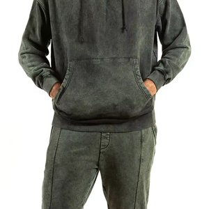Custom Mens 2 in 1 Hooded Washed Cotton Hoodie & Full Length Pants Tracksuit <b>Set</b> Solid Color Casual Side Pockets Winter Wear - Product Image 5
