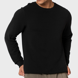 Sweat-shirt à col rond noir pour homme, coupe classique, couleur unie, tricoté, 100% coton, pull à manches longues, décontracté, pour l'automne et l'hiver - Product Image 1