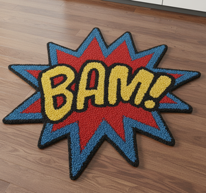 Alfombra de Lujo de Lana con Diseño de Cómics BAM, Hecha a Mano, Antideslizante, de Pelo Medio, en Rojo, Azul y Amarillo, Estilo Pop Art, para Sala de Estar - Product Image 1