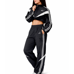 New Trendy Black White Women's Cropped Windbreaker Tracksuit Set Contrast Panel Tracksuit <b>Jacket</b> and Straight Leg Pants Hoodies - Product Image 3