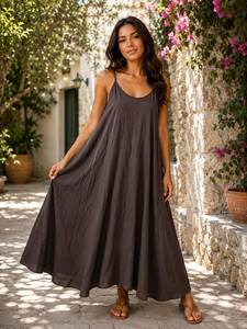 Women's Olive Spaghetti Strap Mini <b>Dress</b> Loose <b>Boho</b> <b>Summer</b> Casual Nonwoven Viscose Breathable Eco-Friendly Solid Plain Dyed - Product Image 3
