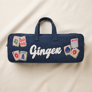 Sac de voyage en denim gingembre avec patchs brodés de cartes à jouer, style vintage, fermeture éclair, pour toutes les saisons - Product Image 1