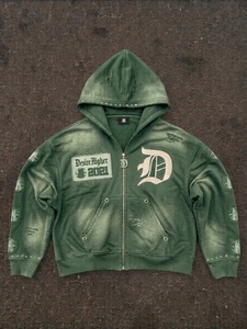Sudadera con capucha retro desgastada con cremallera para hombre, estilo oversize, lavada, streetwear, diseño gráfico patchwork, venta al por mayor personalizada - Product Image 5