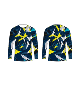 Camiseta de Manga Larga Sublimada Personalizada, Azul Oscuro, Amarillo, Blanco, Patrón Geométrico, Cuello Redondo, Ropa Deportiva de Alto Rendimiento, Tela Resistente - Product Image 1