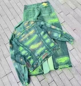 Custom Vintage Heavyweight <b>Denim</b> Jeans Suit <b>Jacket</b> Set for Men Streetwear Custom Woven Thermal Print Washed Ripped Style - Product Image 3