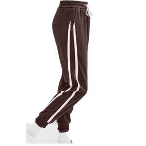 Pantalon de jogging noir pour femme avec rayures blanches, taille élastique, matière polaire, longueur intégrale, poches extensibles, style toutes saisons - Product Image 5