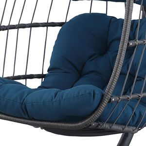 Chaise oeuf de patio extérieur bleu foncé avec cadre et coussin en aluminium de conception de chaise suspendue à balançoire en osier résistant aux UV - Product Image 3