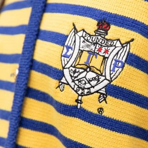 Cárdigan a Rayas Sigma Gamma Rho, Suéter Amarillo y Azul con Botones para Mujer, Estilo Casual de la Hermandad Griega, Tejido Premium - Product Image 3