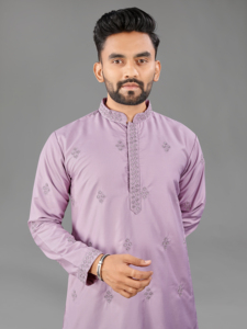 Kurta de Seda Lavanda para Hombre con Bordado, Corte Regular, Largo hasta la Rodilla, Estilo Tradicional Indio Pakistaní, para Fiestas, Bodas y Uso Casual - Product Image 2