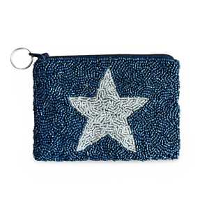 Beaded Star Cosmetic Bag Small Zipper Closure Elegant Portable Makeup Pouch Blue Silver Pattern Beaded Design - Product Image 1