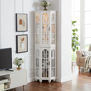 Solid Wood Corner Curio Cabinet 4 Adjustable Tempered Glass Shelves Lighting System <b>Acrylic</b> <b>Mirrored</b> Back Display China Cabinets - Product Image 5