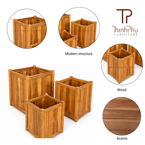 Ensemble de 3 jardinières carrées en bois fini à l'huile écologique ThinhPhu Furniture, style rustique, pour plantes vertes, pour l'extérieur - Product Image 2