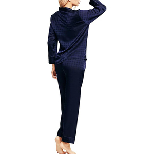 Women's Navy Satin <b>Pyjama</b> Set Half Sleeve Full Length Drawstring Solid Breathable Thermal Elegant Sleepwear 100% Silk Turn-down - Product Image 3