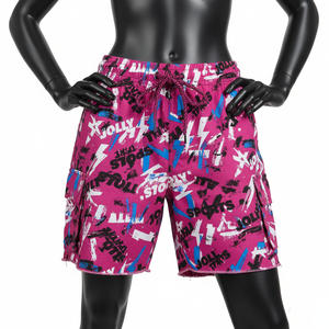 Shorts de Baño para Mujer en Felpa de Algodón y Poliéster Premium, Color Rosa con Estampado de Grafiti, Bolsillos Tipo Cargo, Logotipo Personalizado - Product Image 1