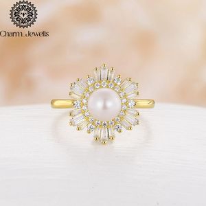 Bague de fiançailles pour femme Charm Jewells en argent plaqué or rose, perle de culture d'eau de mer, moissanite taille coussin, motif floral, sertissage classique à griffes - Product Image 1