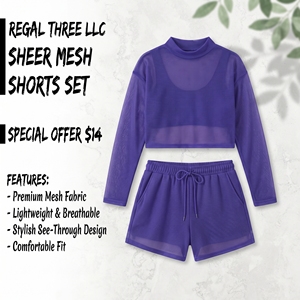 Transparent Mesh <b>Shorts</b> Set <b>Women</b> High Neck Mesh <b>Long</b> Sleeve Crop Top <b>Shorts</b> Two Piece Ladies 100% Polyester Mesh <b>Shorts</b> Sets - Product Image 1