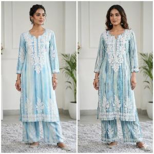 Vestido Plazzo Kameez de Rayón Puro con Bordado Pesado para Mujer, Sin Arrugas, Elástico, Ideal para Bodas y Fiestas - Product Image 2