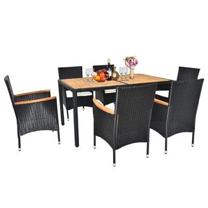 7-Piece Acacia Wood Table Top Rattan Chair Patio Dining Set with Soft Seat Cushions Outdoor Garden Conversation Set - Product Image 1