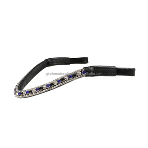Prix direct usine – Magnifique frontale en cuir noir incurvée à cinq rangées pour cheval, personnalisée avec cristaux bleus et blancs transparents - Product Image 1