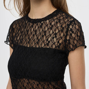 Haut court noir en dentelle à manches courtes pour femme, col en V, couleur unie, sexy, ample, 100 % coton, anti-boulochage, printemps-été - Product Image 4
