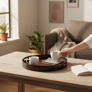 Rustic Wood Tray – Farmhouse <b>Coffee</b> <b>Table</b> & Vanity Decor Round Wooden Charger Plate Appetizer Kitchen Platter for Dishes - Product Image 5