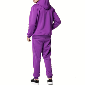 Men's Purple <b>Hooded</b> Tracksuit Solid Color Casual Jogger Pants Set Full Sleeve Breathable Regular Fit Autumn Wear - Product Image 3