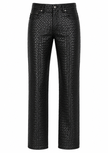 Pantalon d'hiver pour homme en cuir véritable noir, respirant, mi-lourd, avec fermeture éclair, plissé devant, coupe droite, taille mi-haute, style motard - Product Image 2