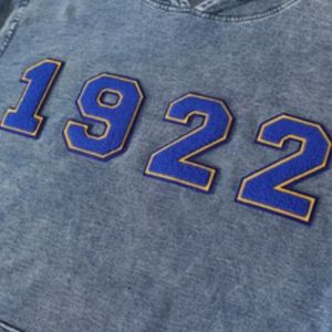 Sudadera con Capucha de Mezclilla Sigma Gamma Rho 1922, SGRho Chenille, Prenda Griega Premium, Lavado Claro, Sudadera de la Hermandad - Product Image 4