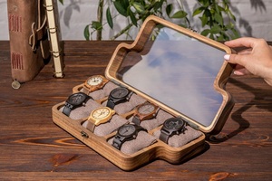 Walnut Watch <b>Box</b> 10 Slot Jewelry & Watch <b>Storage</b> Organizer with Glass Wooden Lid for Men - Product Image 3