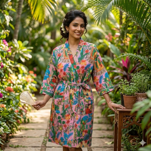 Kimono de Algodón Artesanal con Estampado Floral Boho de Lujo |   Ropa de resort de manga larga con cuello en V para mujer con bolsillos |   Ropa de Dormir Sostenible de Boutique - Product Image 2