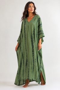 Green Tie Dye Cotton Eco-Friendly Bohemian <b>Kaftan</b> Dress V Neck Modern Fit Party Resort Wear Women <b>Summer</b> Kimono Floor-Length - Product Image 1