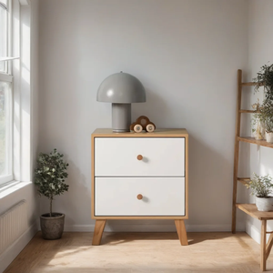 โต๊ะข้างเตียงไม้ชีแชมพร้อมที่เก็บของ – ตู้ข้างเตียงไม้สไตล์ร่วมสมัยสำหรับตกแต่งบ้าน - Product Image 2