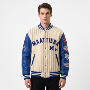 <b>Mens</b> <b>Cream</b> Blue Leather Sleeve <b>Jacket</b> Custom Baseball Pinstripe Streetwear Snap Button Bomber <b>Jacket</b> Premium Custom - Product Image 1