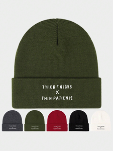 Thick Thighs X Thin Patience Embroidered Beanie Hat Olive Green Unisex Casual <b>Winter</b> <b>Cap</b> Hand Embroidery Letter Pattern Beanie - Product Image 6