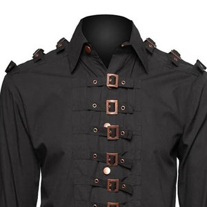 Gothic Men's Steampunk Style <b>Shirt</b> Black Long Sleeve Industrial Top with Copper-Tone Buckle Closures - Product Image 3