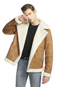 Men Brown <b>Suede</b> Leather <b>Jacket</b> With Faux Fur Lining Zipper Closure Winter Bomber Style Moto Biker Coat - Product Image 3
