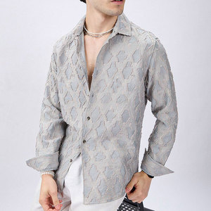 Chemise décontractée pour homme à motif géométrique en relief, manches longues, col rabattu, 100% coton tissé respirant, style été - Product Image 5