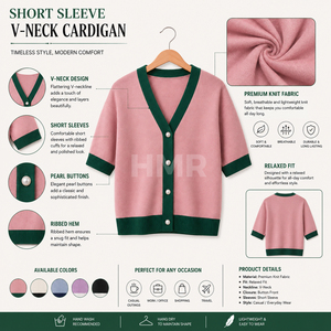 HMR Women Sorority Sisterhood OEM ODM Women's Knitted V-Neck <b>Cardigan</b> <b>Short</b> <b>Sleeve</b> Contrast Color Casual Button Closure - Product Image 6