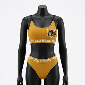 Conjunto de bikini amarillo mostaza de poliéster y spandex premium de 200 GSM, traje de baño elástico con logo de transferencia térmica y banda jacquard, conjunto de bikinis para mujer - Product Image 3