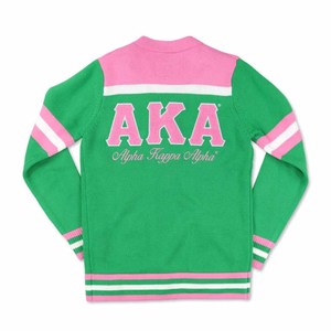 อัลฟ่า |   คาปา |   เสื้อสเวตเตอร์ Alpha AKA Sorority แบบติดกระดุม ปักลายตราสัญลักษณ์ สีเขียว/ชมพู ปักลายเชนิลล์ เสื้อผ้าสำหรับชมรมนักศึกษากรีก แขนยาว - Product Image 2