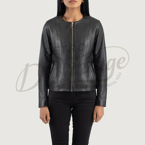 Premium <b>Women</b> Black Real Leather <b>Jacket</b> Round Neck <b>Collarless</b> Slim Fit Soft Sheepskin Casual Coat Elegant Leather Outerwear - Product Image 5