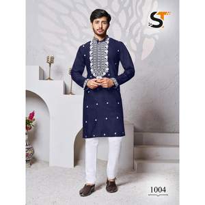 ATTRACTIVE EN SOIE BRODERIE TRAVAIL HOMME KURTA PYJAMA BLEU MARINE Achkan Bandhgala Sherwani - Product Image 1