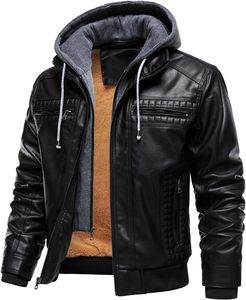 <b>Men</b> Black PU <b>Leather</b> Moto Biker <b>Jacket</b> Hooded Zipper Front Solid Color Winter Slim Fit Regular Sleeve Windproof - Product Image 3