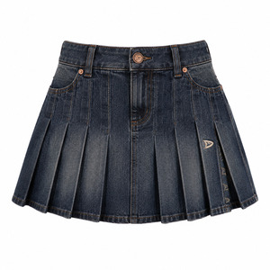 Falda vaquera plisada para mujer, minifalda de cintura alta en índigo oscuro con bolsillos, bordado y botones de cobre - Product Image 1