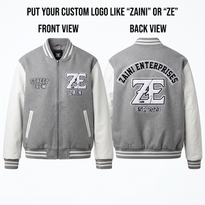 Veste varsity ZAINI Premium 450 GSM en mélange de laine coupe-vent à col montant, gris et blanc avec manches contrastées, patch chenille personnalisé - Product Image 1