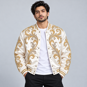 Chaqueta Varsity de Satén con Pedrería para Hombre, Chaqueta Bomber de Lujo Brillante con Diseño de Estrella de Cristal, Ropa de Calle Moderna, Informal de Invierno - Product Image 1