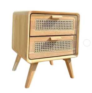 Table de chevet moderne en bois écologique et durable avec 2 tiroirs et insert en rotin, design minimaliste pour chambre et salon - Product Image 5