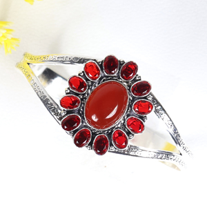 New Arrival 925 Sterling Silver <b>Red</b> Carnelian / <b>Red</b> Opaque Gemstone Sunburst Cuff <b>Bracelet</b> Handcrafted Flower Bangle Jewelry - Product Image 5