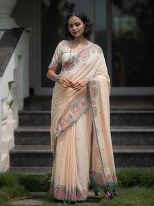 Sari indio elegante y moderno de lino con estampado digital, ideal para bodas y fiestas tradicionales para mujeres. - Product Image 4