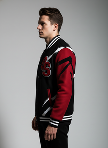 Chaqueta Varsity de Lana Personalizada Premium para Hombre - Parche de Chenilla Negro, Rojo y Blanco - Product Image 4
